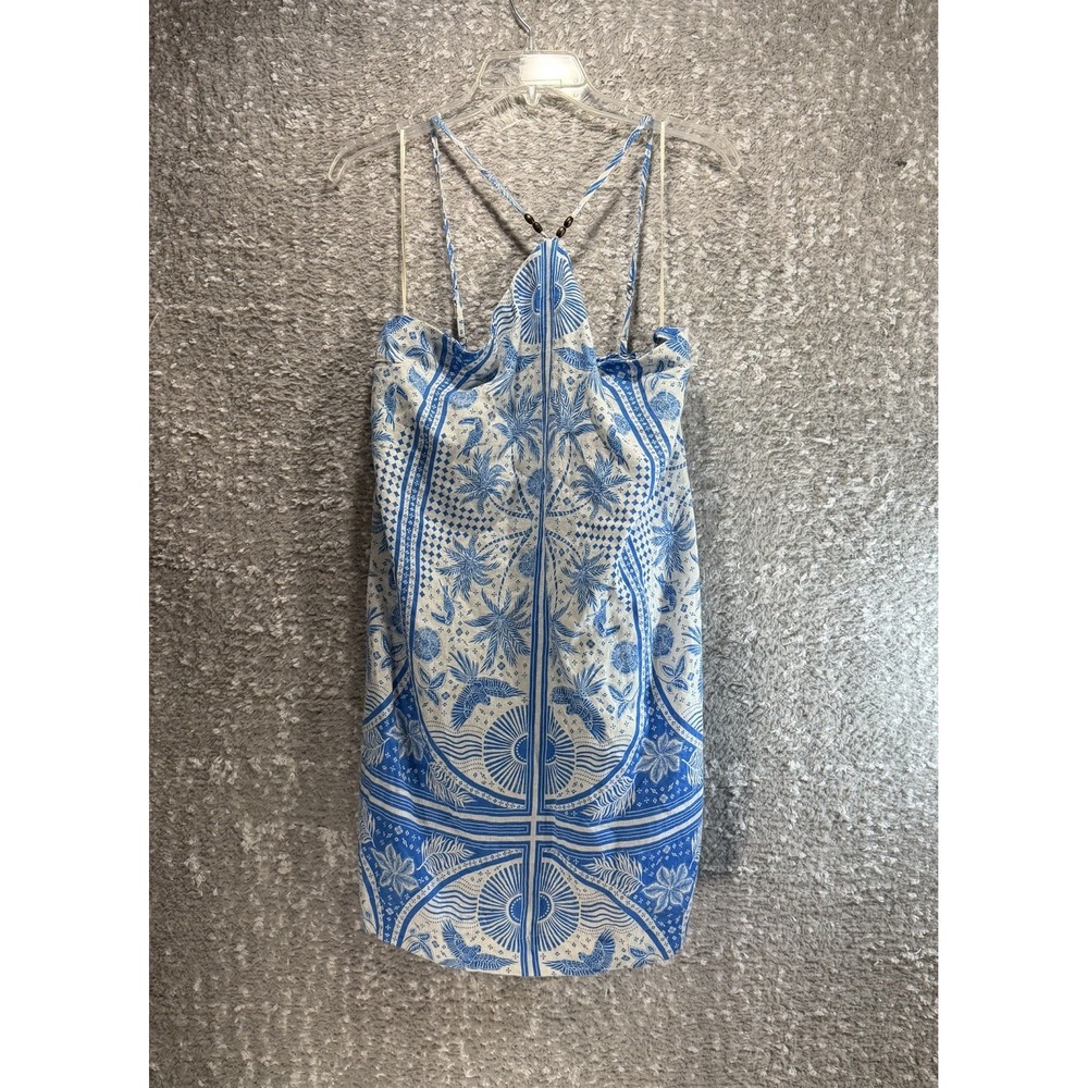 Rachel Zoe Halter Mini Dress L Blue White Linen A-Line Boho Beach Resort Coastal